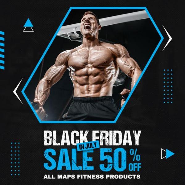 A high-contrast 1:1 square ad featuring a bodybuilder that uses a time-sensitive offer to promote fitness program products.